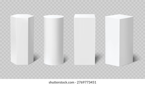 3D podium pedestals in round, rectangular and hexagonal shapes, realistic white display stands and tall geometric platforms for product presentation mockup vector set.