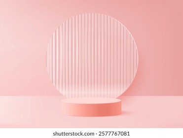 3d podium pink colours on background platform. stand show cosmetic product for valentine day. Stage showcase on pedestal modern glass studio platform. 3d simplicity shapes vector render illustration