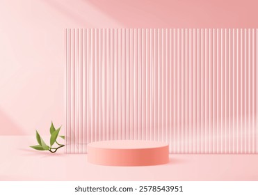 3d podium pink colours on background platform. stand show cosmetic product for valentine day. Stage showcase on pedestal modern glass studio platform. 3d simplicity shapes vector render illustration