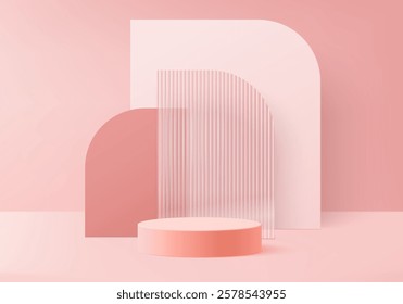 3d podium pink colours on background platform. stand show cosmetic product for valentine day. Stage showcase on pedestal modern glass studio platform. 3d simplicity shapes vector render illustration