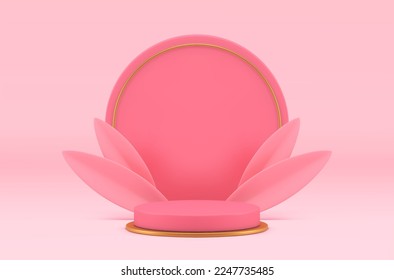 3d podium pink cylinder showroom basic foundation for product presentation realistic vector illustration. Fashion pedestal with spring leaves competition award arena merchandise construction display