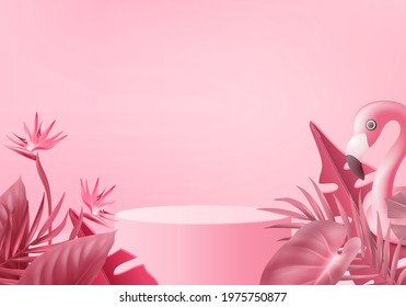 3d podium pink flamingo rendering for summer, tropical bird shape inflatable swimming pool ring. Summer vacation holiday rubber scene, traveling. Stage showcase on pedestal 3d pink background vector