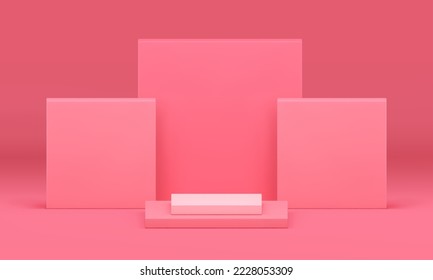 3d podium pink geometric stage wall award arena contest victory celebration realistic vector illustration. Pedestal squared level platform basic foundation retail merchandise construction design