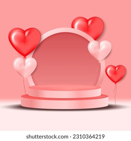 3d Podium and pink hearts ballon. Holiday background with red and pink ballon, neon circle, round stage, realistic champagne bottle, glasses and confetti.