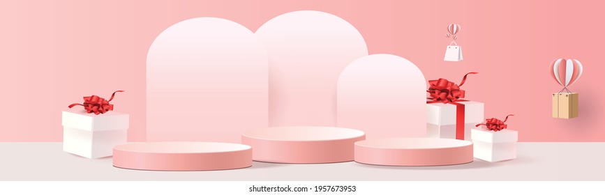  3d podium pink modern background and gifts box illustration vector for shopping online sale vector illustration valentine.