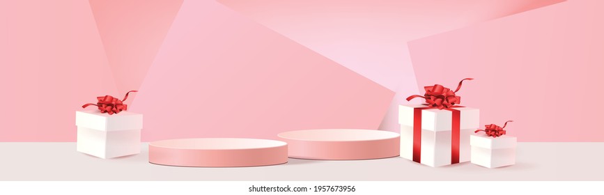  3d podium pink modern background and gifts box illustration vector for shopping online sale vector illustation valentine.