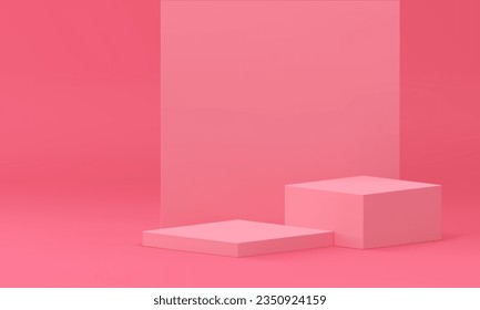3d podium pink showcase elegant geometric platform mock up for cosmetic product show realistic vector illustration. Squared trendy rendering pedestal feminine advertising stand studio background