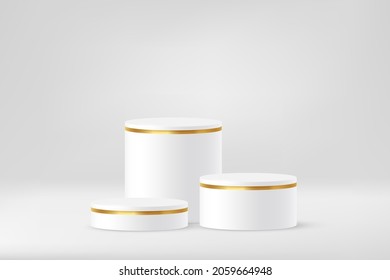 Botellas de plataforma de podio 3d con borde de línea dorada en la ilustración vectorial de borde. Modelación de la forma geométrica redonda, del soporte del ganador o del fondo de la presentación de la galería de productos