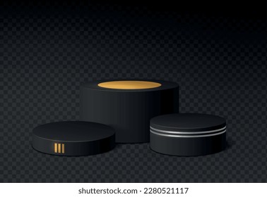 3d cilindros de plataforma de podio ilustraciones vectoriales realistas. Estadios peatonales negros para la presentación del producto o los escalones ganadores, paro abstracto de la forma geométrica del círculo aislado en transparente