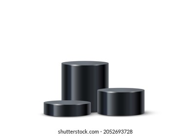 3d podium platform cylinders vector illustration. Realistic black pedestal stages for product presentation or winner steps, abstract stand mockup of circle geometric shape isolated on white background