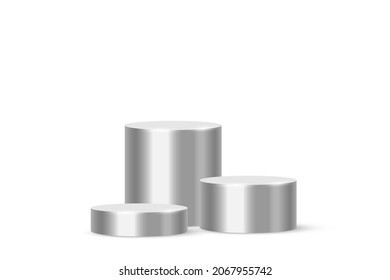 3D-Podium-Plattformzylinder, Vektorgrafik. Realistische silberne Fußbäder für die Produktpräsentation oder Gewinner-Stufen, abstrakter Ständer mit kreisgeometrischer Form einzeln auf Weiß