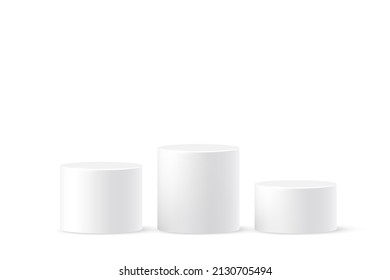 3d podium platform cylinders vector illustration. Realistic white pedestal stages for product presentation or winner steps, abstract stand mockup of circle geometric shape isolated on white background