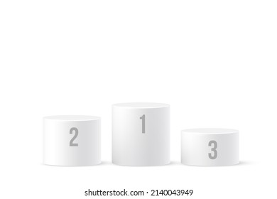 3D-Podium-Plattformzylinder, Vektorgrafik. Realistische, weiße Podest-Etappen für die Produktpräsentation oder Gewinner-Stufen, abstrakter Ständer mit kreisgeometrischer Form einzeln auf weißem Hintergrund