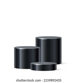 3d podium platform cylinders vector illustration. Realistic black pedestal stages for product presentation or winner steps, abstract stand mockup of circle geometric shape isolated on white background