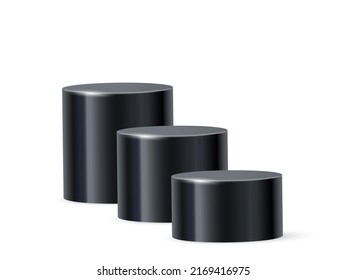 3d podium platform cylinders vector illustration. Realistic black pedestal stages for product presentation or winner steps, abstract stand mockup of circle geometric shape isolated on white background