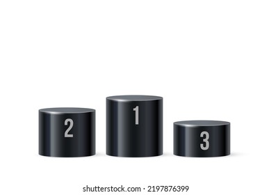 3D-Podium-Plattformzylinder, Vektorgrafik. Realistische, schwarze Podest-Etappen für die Produktpräsentation oder Gewinner-Stufen, abstrakter Ständer mit kreisgeometrischer Form einzeln auf weißem Hintergrund