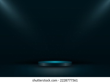 3D podium platform empty dark green studio room with spotlight and scattered dust particles on show stage. Luxury style. Vector illustration