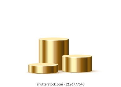 3d podium platform gold cylinders vector illustration. Realistic golden pedestal stages for product presentation or winner steps, abstract stand mockup of circle geometric shape on white background