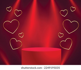 3d podium platform with golden line hearts for valentines day vector 