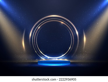 plataforma de podio 3D círculos de anillo dorado efecto de iluminación fondo con foco en el fondo del escenario azul. Puedes usar para celebraciones festivas, exhibiciones, exhibiciones, etc. Ilustración vectorial