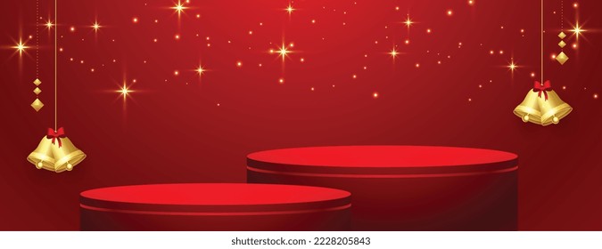 3d podium platform for merry christmas red banner with hanging bell vector 