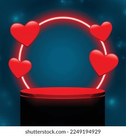 3d podium platform and neon frame for valentines day event vector 
