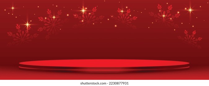 3d podium platform on red banner for merry christmas festival vector 