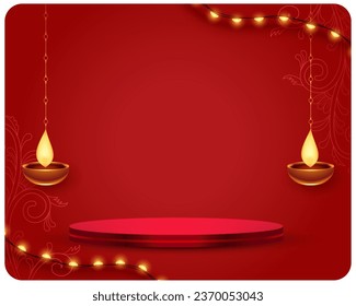 3.ª plataforma de podio sobre fondo rojo con diyas brillantes y luces