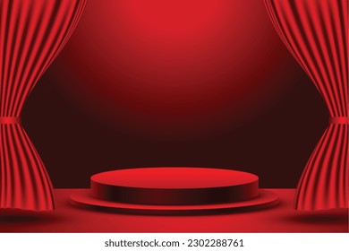 3d podium platform for product display with red cinema curtain vector