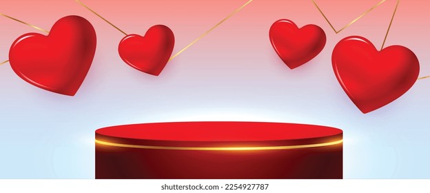 3d podium platform with realistic heart for valentines day celebration vector 