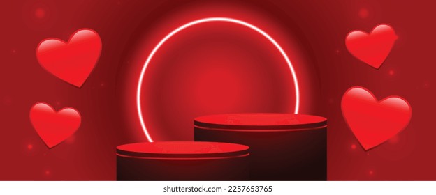 3d podium platform red banner with floating love hearts design vector 