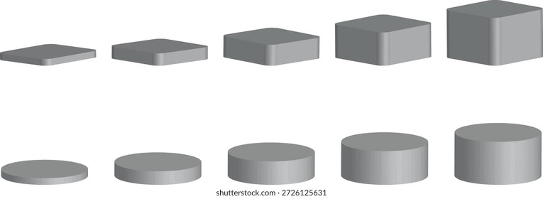 Conjunto de Formas de podio y plataforma 3D aisladas sobre fondo blanco. Bloques geométricos mínimos y cilindros en diferentes alturas para presentación y visualización. Elementos Abstractas de la etapa para el escaparate del producto, UI, y el Diseño gráfico.
