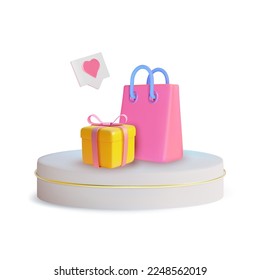 3d Podium Platform Stage Product with Paper Bags and Present Gift Plasticine Cartoon Style Isolated on a White Background. Vector illustration