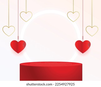 3d podium platform valentine's day greeting with hanging hearts vector 