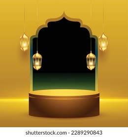 3D-Podium-Platofrom mit hängender Laterne für eid-mubarak-Hintergrund, Vektorgrafik