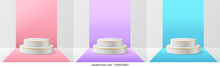 3d podium product background with pink platform. Vector background with cylinder, soap bubbles, gold rings. Cosmetic product demonstration podium