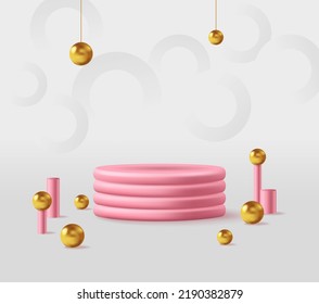 3d fondo de producto podio con plataforma rosa. Fondo vectorial con cilindro, burbujas de jabón, anillos de oro. Podio de demostración de productos cosméticos