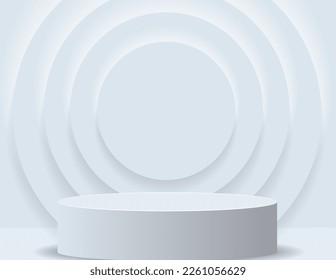 Podio 3D para la visualización de productos Y la escena de fondo, estilo minimalista, tonos blancos y grises, soporte de pantalla circular, estudio para la presentación de productos.