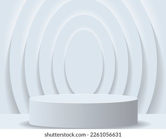Podio 3D para la visualización de productos Y la escena de fondo, estilo minimalista, tonos blancos y grises, soporte de pantalla circular, estudio para la presentación de productos.
