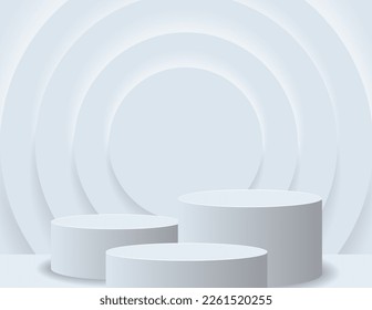 Podio 3D para la visualización de productos y la escena de fondo, estilo minimalista, tonos blancos y grises, soporte de pantalla circular, estudio para la presentación de productos.