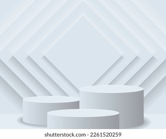 Podio 3D para la visualización de productos y la escena de fondo, estilo minimalista, tonos blancos y grises, soporte de pantalla circular, estudio para la presentación de productos.
