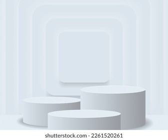 Podio 3D para la visualización de productos y la escena de fondo, estilo minimalista, tonos blancos y grises, soporte de pantalla circular, estudio para la presentación de productos.
