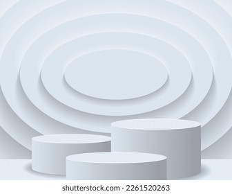 3D podium for product display and the background scene, minimalist style, white and gray tones, circular display stand, studio for product presentation.