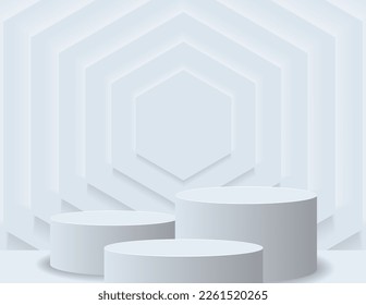 Podio 3D para la visualización de productos y la escena de fondo, estilo minimalista, tonos blancos y grises, soporte de pantalla circular, estudio para la presentación de productos.