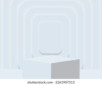 3D podium for product display and the background scene, minimalist style, white and gray tones, square display stand, studio for product presentation.