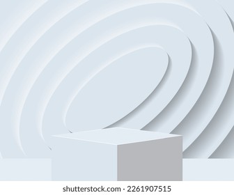Podio 3D para la visualización de productos y la escena de fondo, estilo minimalista, tonos blancos y grises, soporte para visualización cuadrada, estudio para presentación de productos.