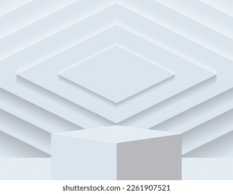 3D podium for product display and the background scene, minimalist style, white and gray tones, square display stand, studio for product presentation.