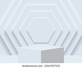 3D podium for product display and the background scene, minimalist style, white and gray tones, square display stand, studio for product presentation.