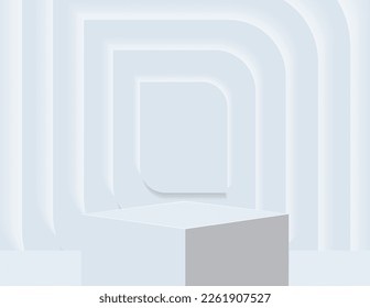 3D podium for product display and the background scene, minimalist style, white and gray tones, square display stand, studio for product presentation.