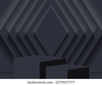 3D-Podium für die Produktdarstellung und die Hintergrundszene, minimalistischer Stil, Schwarz-Grau-Töne, Display-Stand, Studio für die Produktpräsentation.